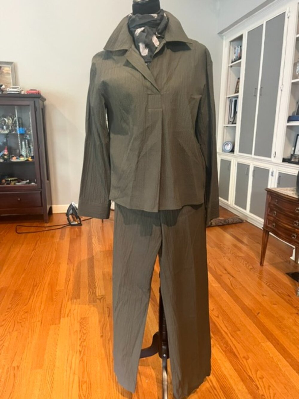 Zara Textured Olive Popover Shirt & Wide-Leg Pants Set - Size S